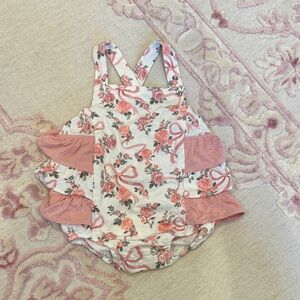 Angel Dear Floral Romper with Pink Accents ribbons and bows